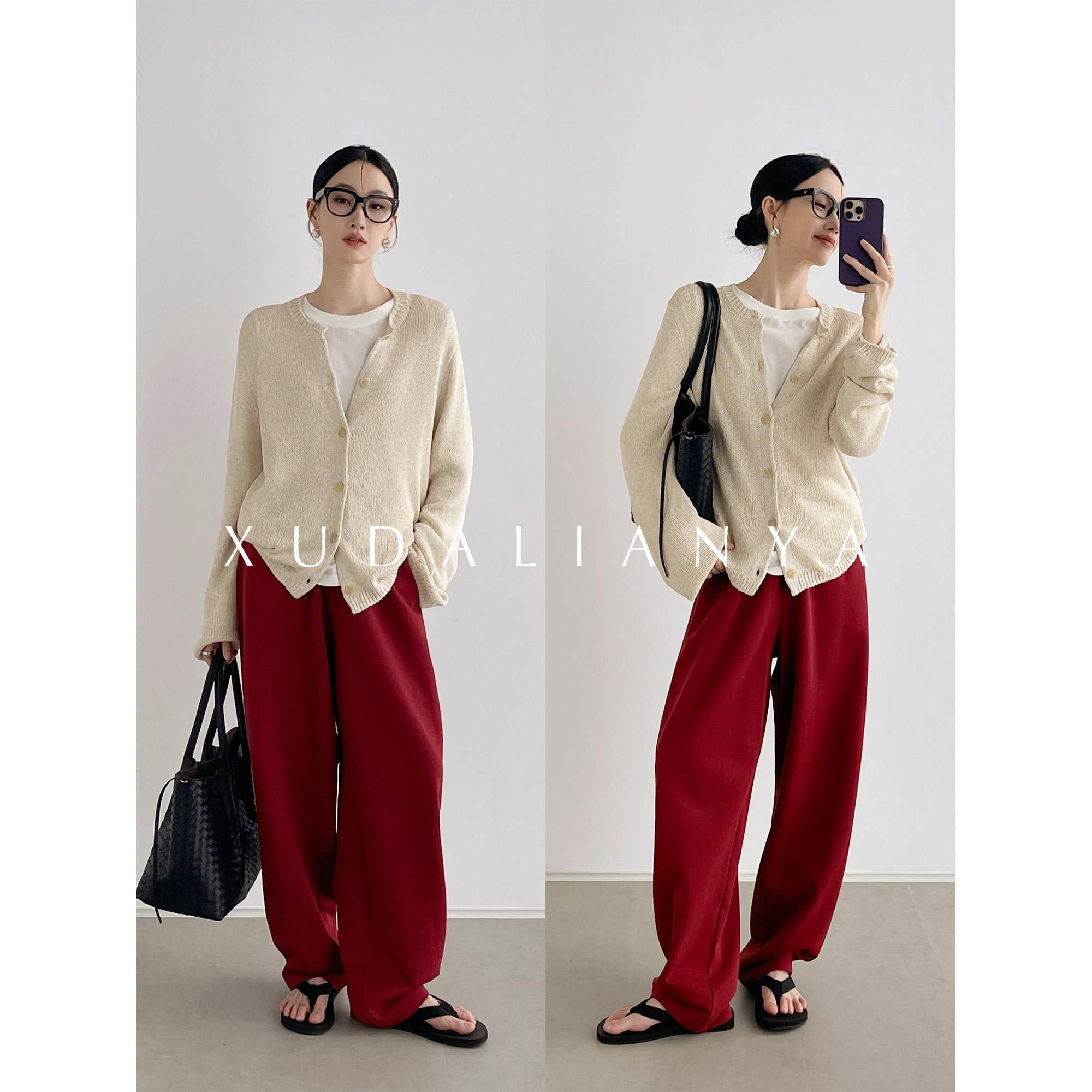 徐大脸吖定制 早秋miu系韩版针织开衫圆领天丝亚麻宽松慵懒外套女