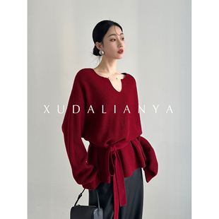 徐大脸吖定制 秋冬小众收腰V领毛衣女 韩系气质全绵羊毛坑条针织衫