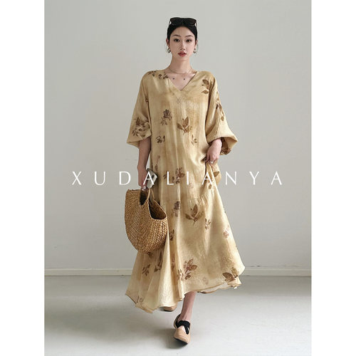 徐大脸吖定制 新中式水墨印花长裙子春夏慵懒风V领灯笼袖连衣裙女