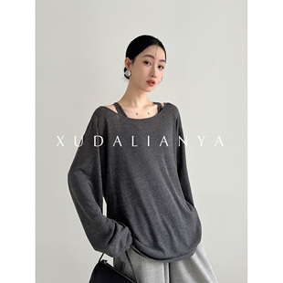 两件套宽松防晒针织T恤女上衣 罩衫 徐大脸吖定制 松弛麻春吊带长袖