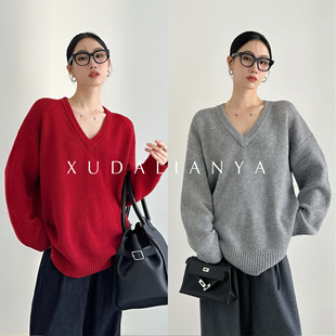 徐大脸吖定制 重磅100%澳洲绵羊毛密实针织秋冬大廓形V领红毛衣女
