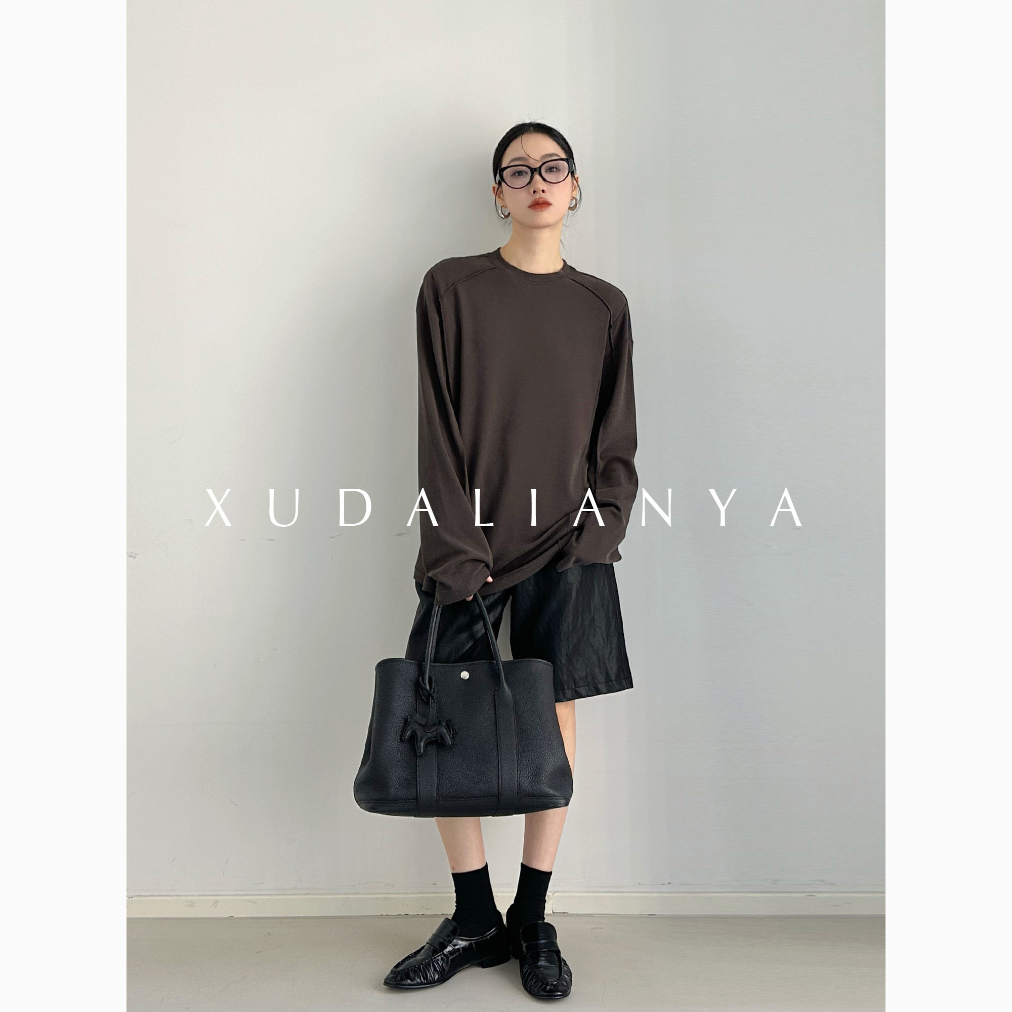 徐大脸吖定制 解构分割线长袖上衣春秋女舒适云感棉百搭正肩T恤女