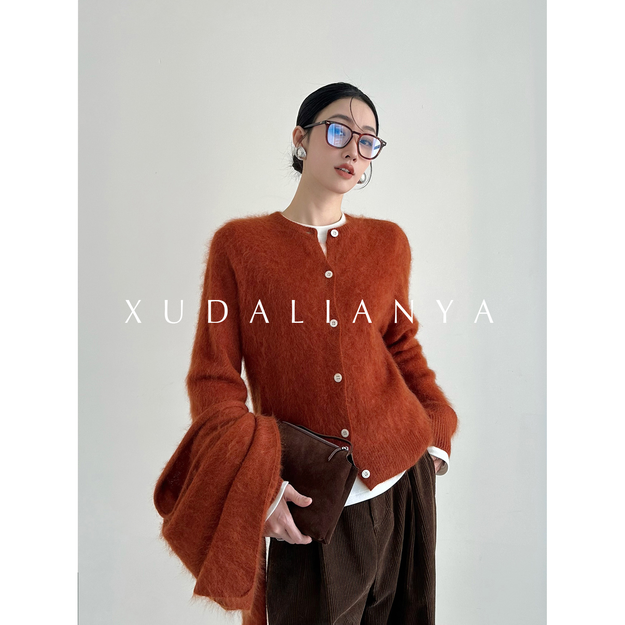 徐大脸吖定制 韩系氛围感毛绒毛衣冬100羊毛针织开衫披肩两件套女