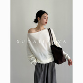 早秋法式 露肩长袖 罩衫 徐大脸吖定制 一字领天丝羊毛针织衫 上衣女