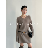 徐大脸吖定制 澳洲羊毛&浣熊毛毛衣裙内搭打底v领针织连衣裙子女