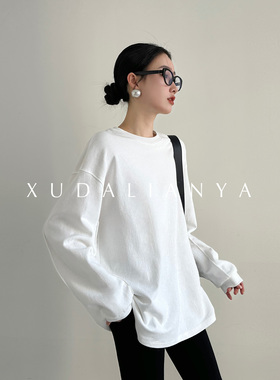 徐大脸吖定制 新疆纯棉T恤女长袖小众春秋圆领松弛感白色体恤上衣