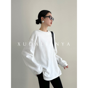 徐大脸吖定制 小众春秋圆领松弛感白色体恤上衣 新疆纯棉T恤女长袖