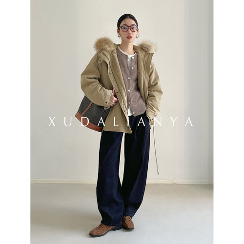 徐大脸吖定制 秋冬保暖加绒厚羊羔毛外套宽松貉子毛连帽派克服女