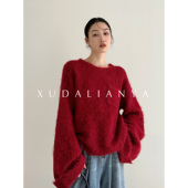 节日慵懒软糯长毛针织衫 徐大脸吖定制 羊驼毛红色毛衣冬季 上衣女