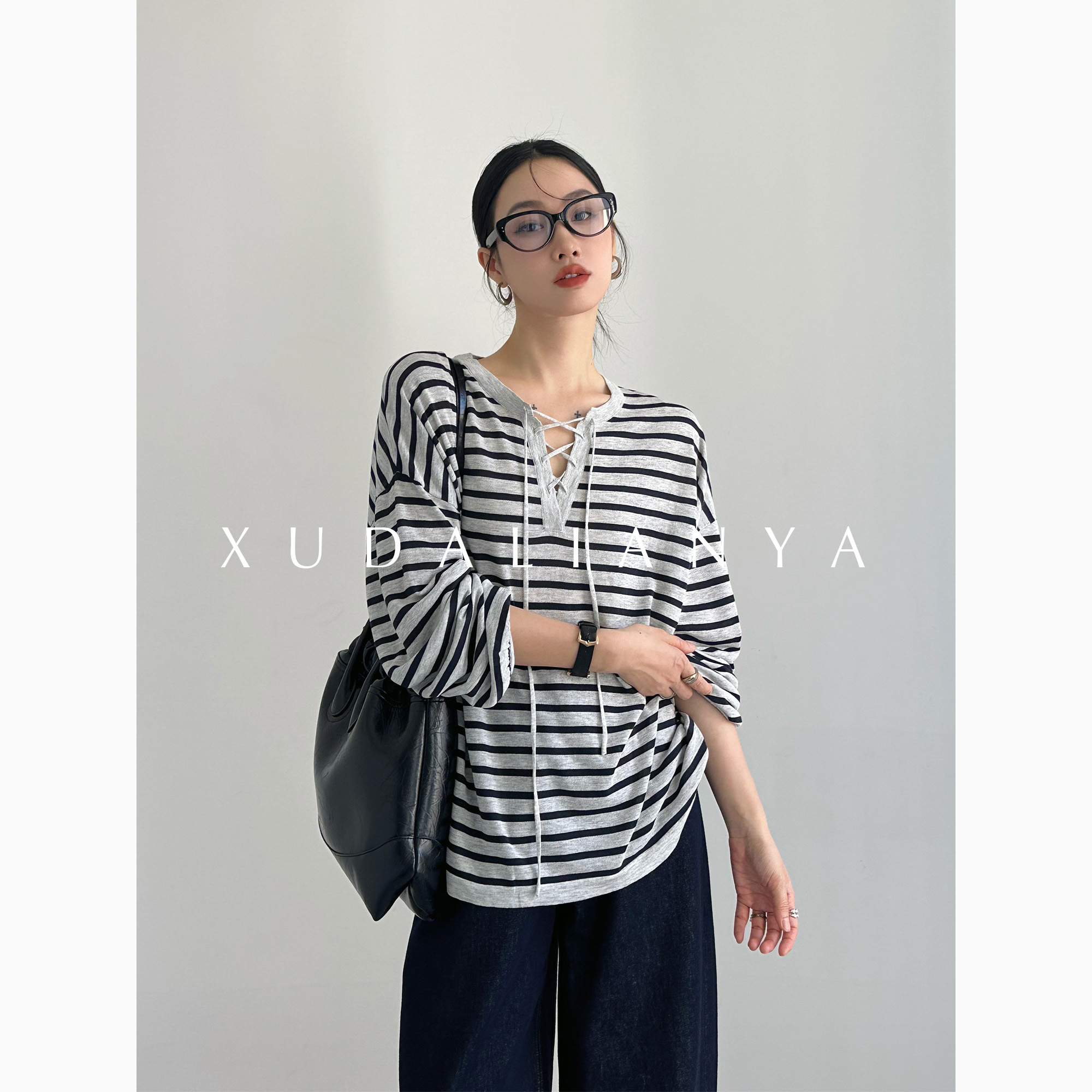 徐大脸吖定制 法式条纹T恤罩衫秋设计感鱼骨绑带宽松长袖针织衫女