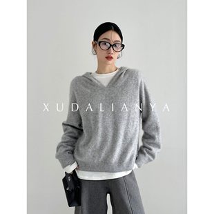 秋冬连帽v领毛衣女 3.5山羊绒软糯针织衫 徐大脸吖定制 96.5绵羊毛