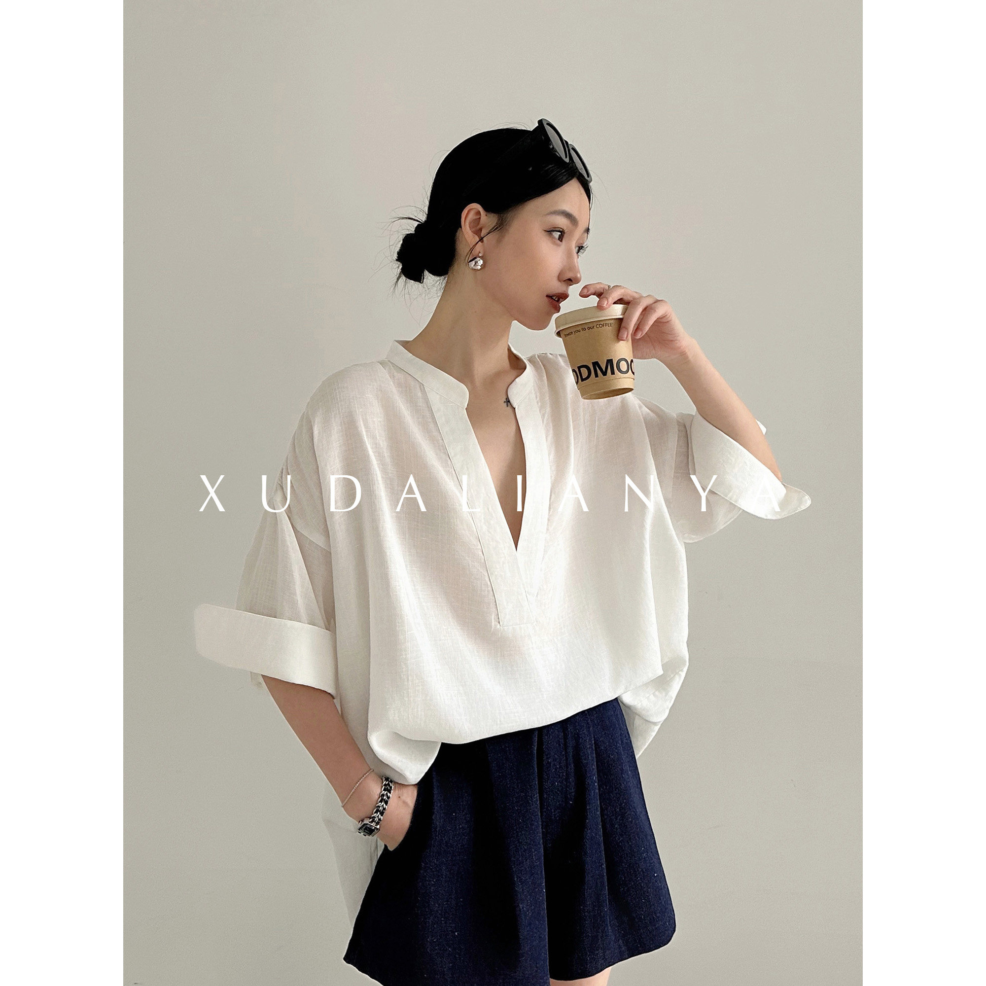 徐大脸吖定制 法式松弛感通勤亚麻上衣夏女宽松亨利V领短袖白衬衫