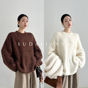 徐大脸吖定制 软糯颗粒羊驼毛&羊毛针织秋冬女宽松慵懒白色毛衣女