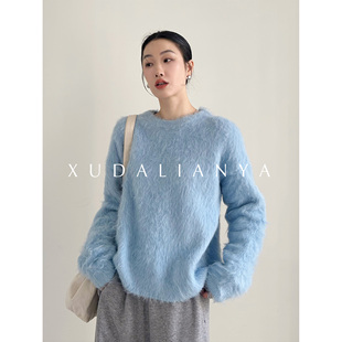 慵懒氛围感拉毛羊驼毛毛衣冬女舒服软糯毛绒绒上衣 徐大脸吖定制