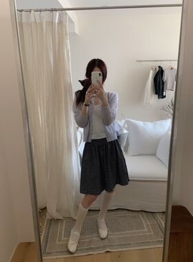 紫色圆领马海毛开衫 甜美花边吊带 复古学院风格子半裙