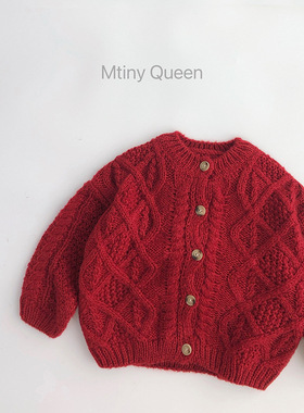 ch爱这红色~韩版新年儿童毛衣圣诞冬款男女宝麻花纹针织开衫洋气