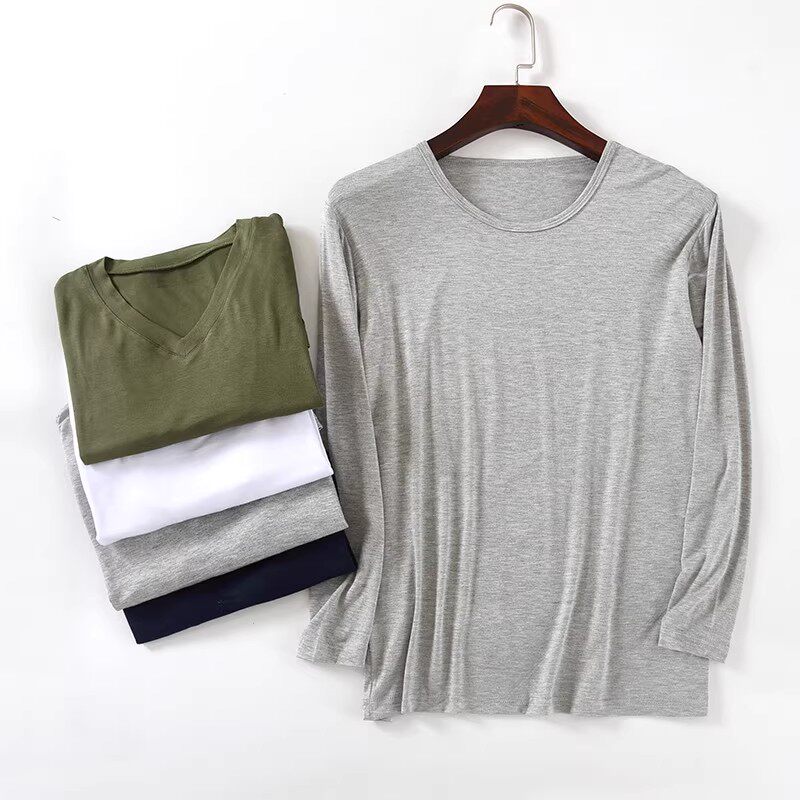 莫代尔v领长袖t恤男士夏秋季薄款纯色打底衫加肥大码纯棉圆领秋衣