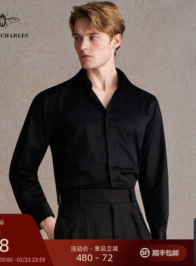 GIEVES CHARLES男士纯棉黑色法式袖扣衬衫男商务长袖衬衫正装结婚