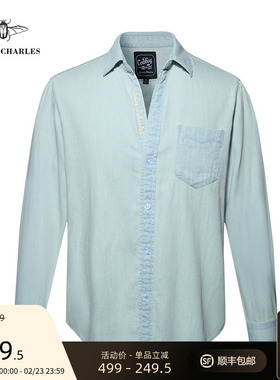 GIEVES CHARLES美式复古纯棉浅蓝水洗V领门襟刺绣牛仔衬衫长袖男