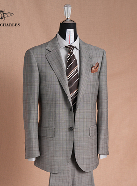 【1881进口面料】120S灰色羊毛威尔士格纹商务休闲手工西服套装男