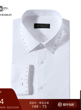 GIEVES CHARLES设计师款金色雨滴刺绣长袖白衬衫男士商务休闲衬衫