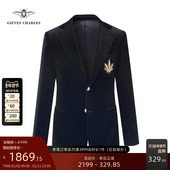 GIEVES CHARLES意大利丝绒面料24K金扣徽章布雷泽西服外套