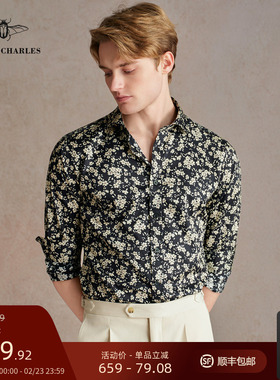 GIEVES CHARLES波斯菊碎花印花图案男士纯棉长袖休闲花衬衫男外套
