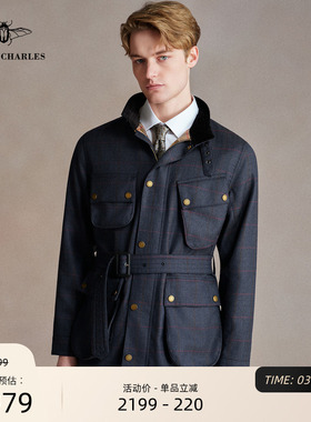 【MOON】进口面料纯羊毛蓝色M65狩猎立领夹克男士格纹外套风衣男