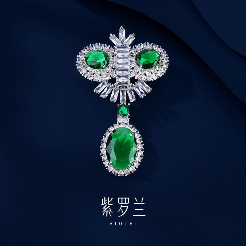 紫罗兰韵岚胸针高档女精致孔雀绿锆石风筝胸花小众设计感别针潮