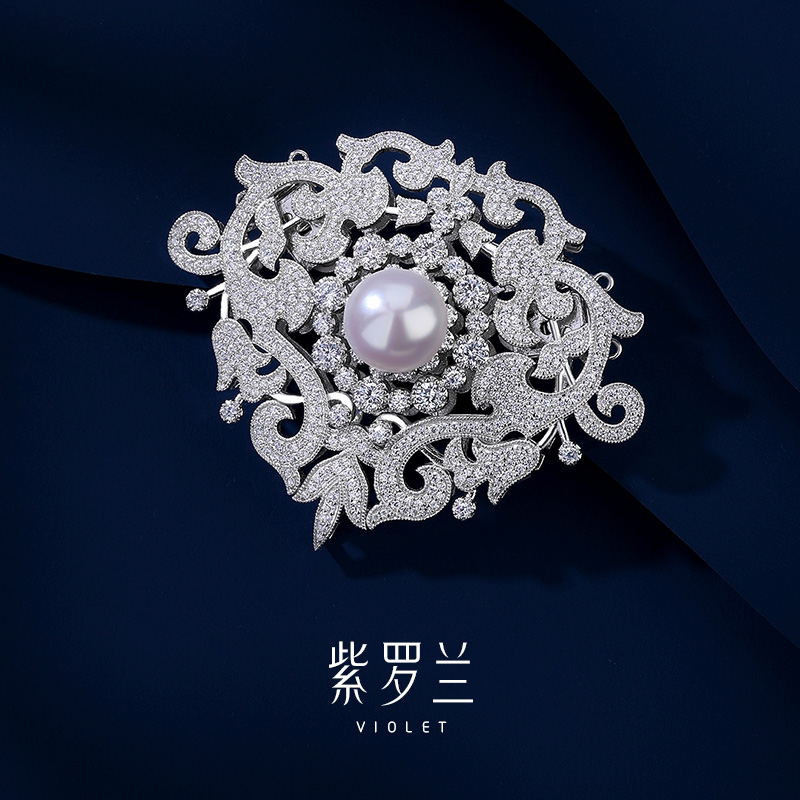 紫罗兰欧雅胸针s925纯银经典国潮珍珠胸花女轻奢宴会礼服高档别针