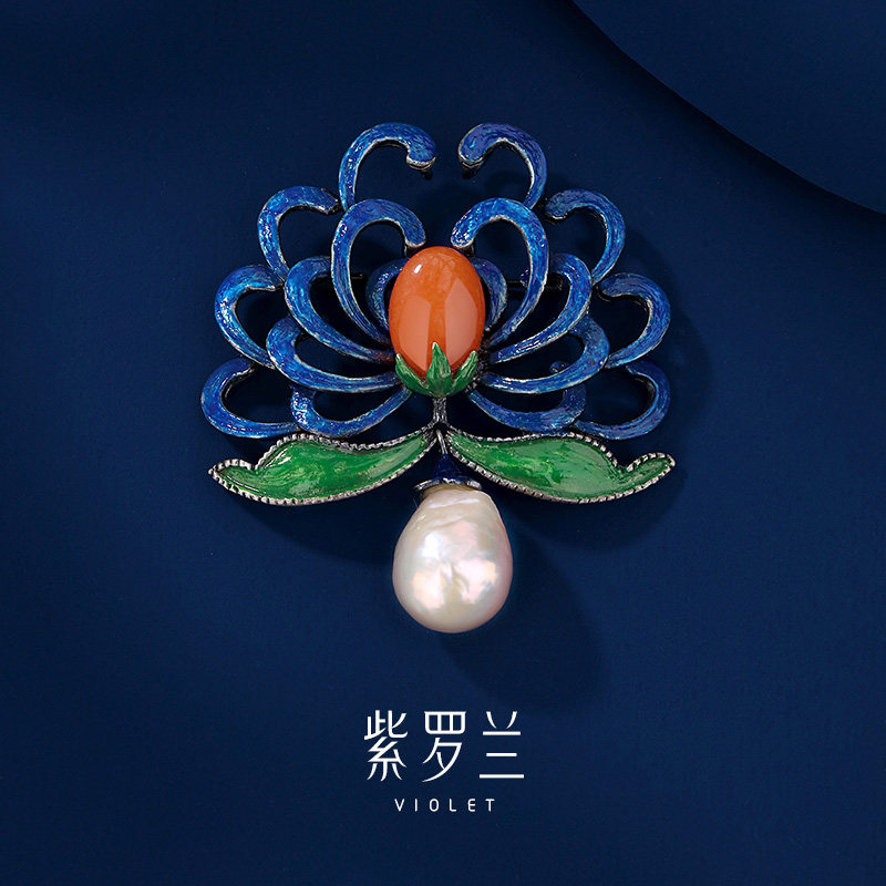 【紫罗兰正版】花芊蓝胸针高档女珍珠蓝色胸花朵生日礼物潮别针
