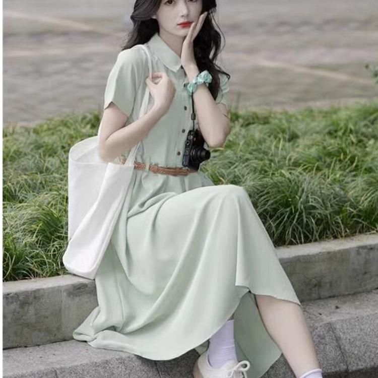 茶歇法式桔梗复古温柔风气质高级感收腰polo绿色衬衫连衣裙子女夏
