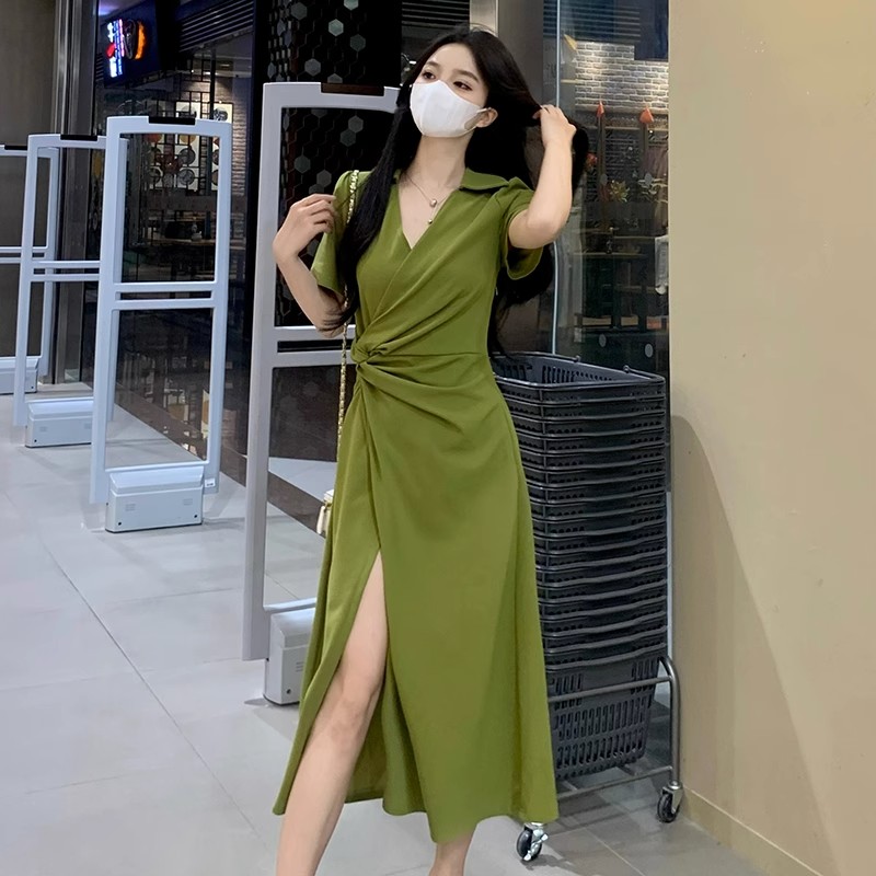 大码女装法式设计感收腰遮肚显瘦裙子胖mm高级感短袖polo连衣裙女图片