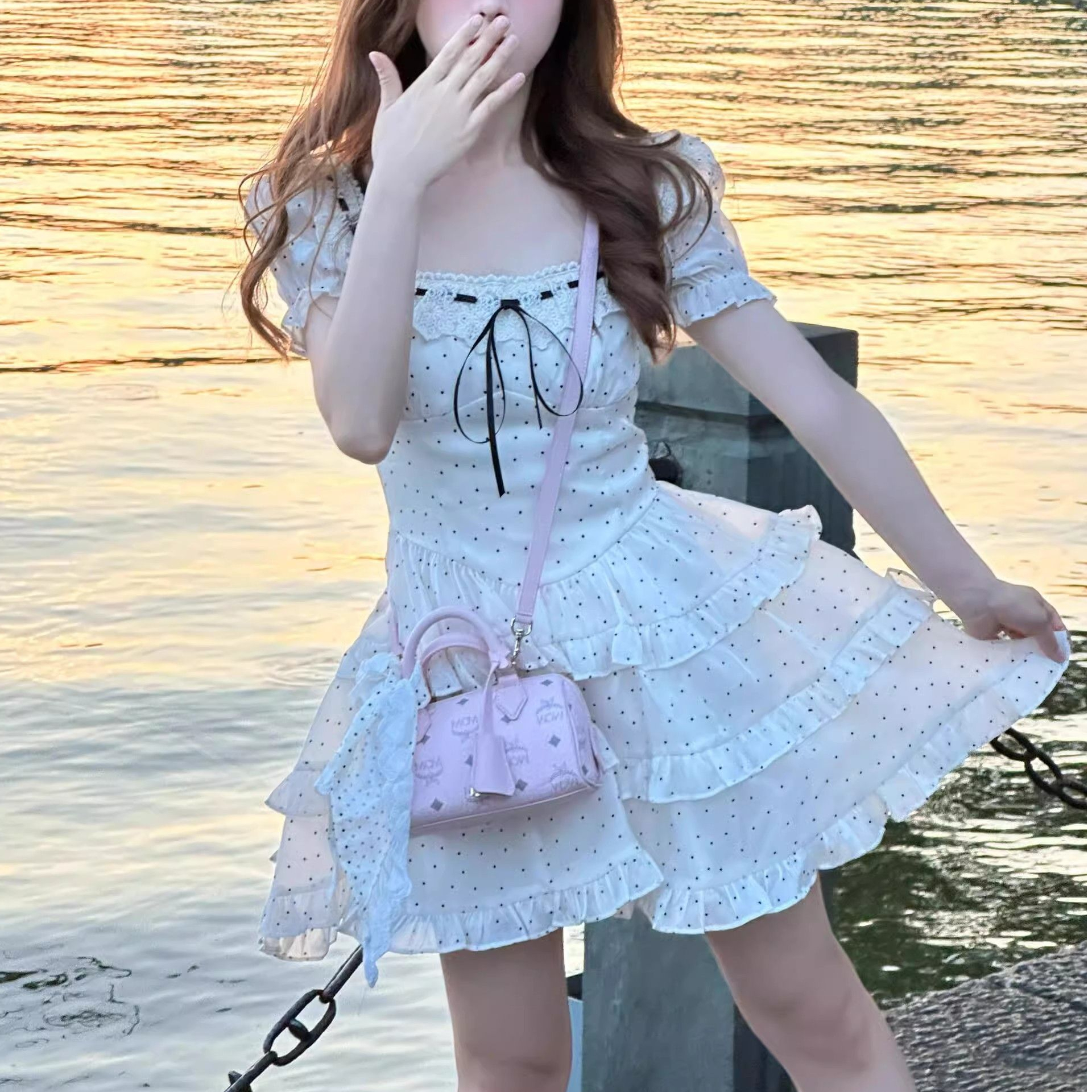芭蕾风法式独特连衣裙夏季短袖蕾丝边波点小个子女生蓬蓬公主短裙