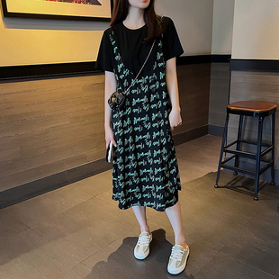 碎花连衣裙女2026年夏季新款女装小清新绿色吊带拼接雪纺假两件裙