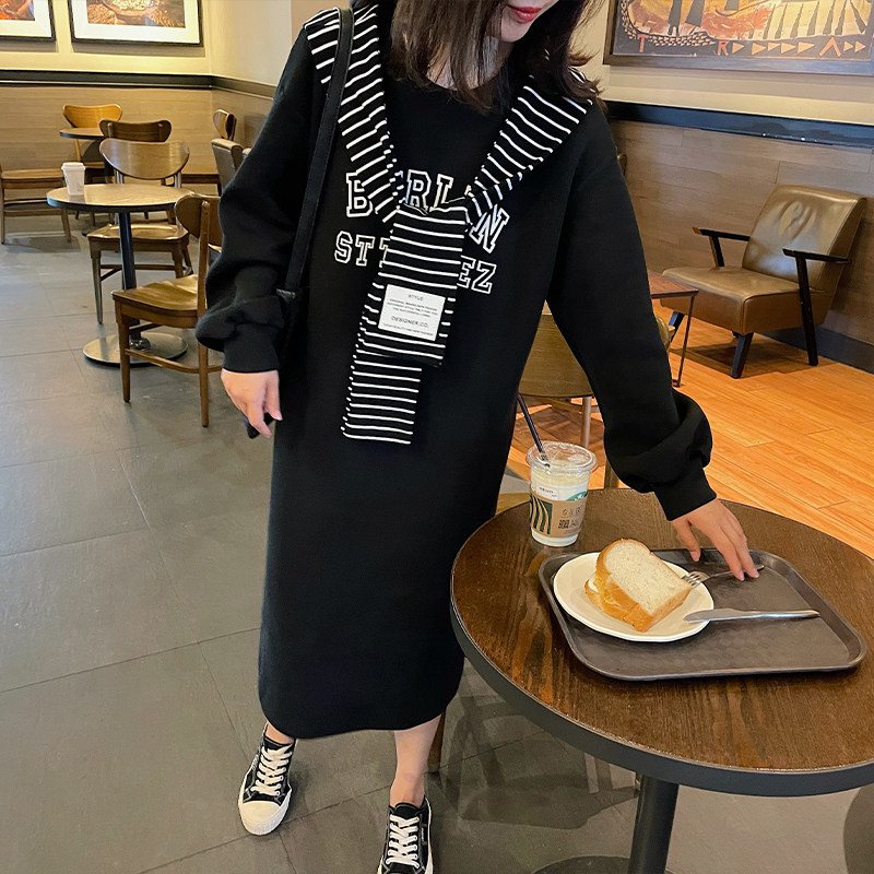 卫衣连衣裙女韩版圆领2025秋冬打底裙慵懒风中长款字母印花ins潮