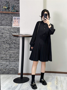 立领百褶黑色减龄宽松大码女装遮肚2025春秋款长袖打底连衣裙胖mm