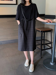 韩版拼接假两件肥mm连衣裙遮腹洋气大码宽松显瘦微胖夏装特别2025