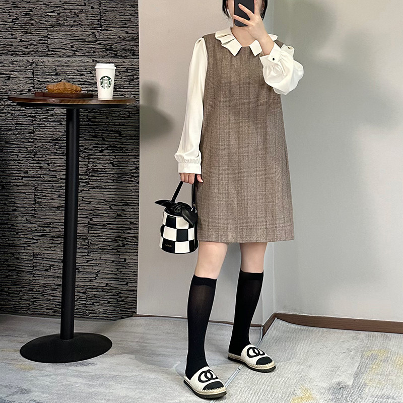 2025年春装新款娃娃领连衣裙女显瘦胖mm套装两件套小香风毛呢裙子
