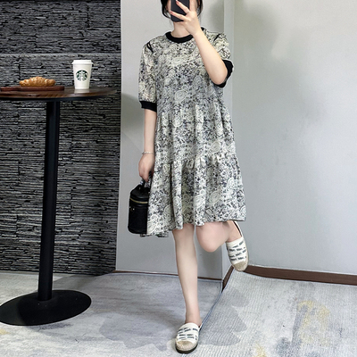 圆领印花短袖连衣裙女夏季新款2025时尚中长款雪纺裙子大码胖mm女
