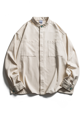 明星同款工装长袖衬衫男美式潮流休闲小众设计感纯色口袋宽松衬衣