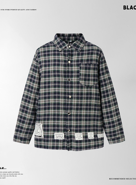 白敬亭同款春秋外套复古风蓝色格子衬衣宽松休闲复古个性贴布毛边