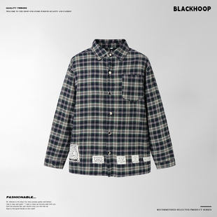 白敬亭同款春秋外套复古风蓝色格子衬衣宽松休闲复古个性贴布毛边