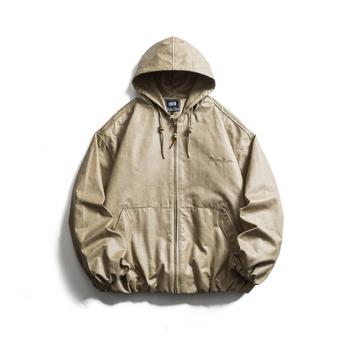 刺绣做旧连帽夹克男女秋季国潮美式街头宽松嘻哈情侣装设计款外套