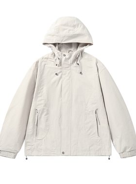 2026户外登山泼水冲锋衣夹克男女白底春季宽松连帽徒步工装外套