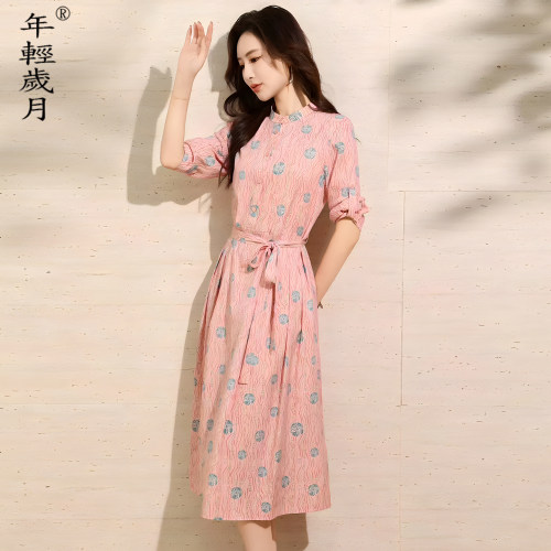 时尚高端真丝连衣裙女中长款五分袖气质时尚桑蚕丝印花显瘦裙子秋
