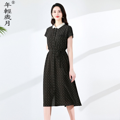 优雅气质翻领波点真丝连衣裙女2026夏新款桑蚕丝系带收腰显瘦裙子