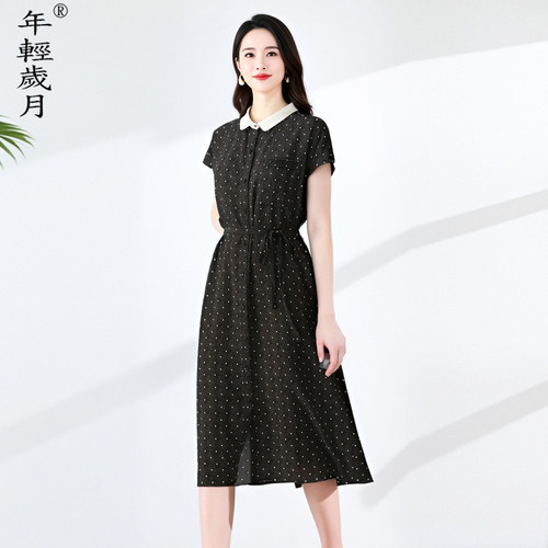 优雅气质翻领波点真丝连衣裙女2026夏新款桑蚕丝系带收腰显瘦裙子