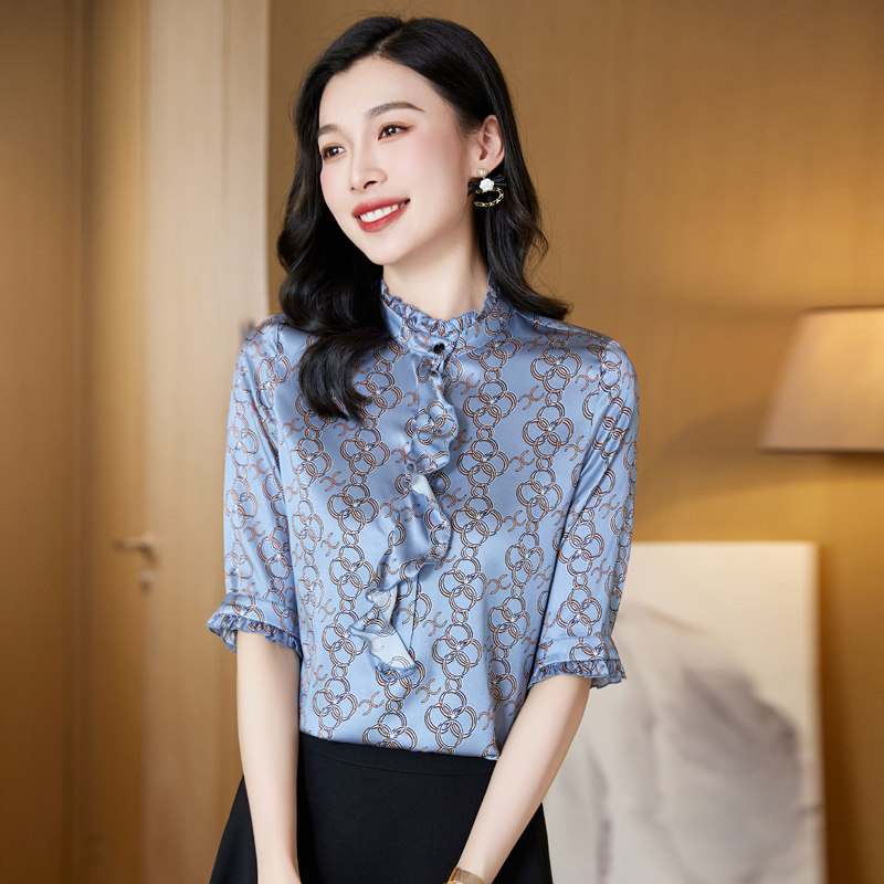 时尚荷叶领重磅真丝上衣女半袖2023年新款高级感桑蚕丝印花衬衫