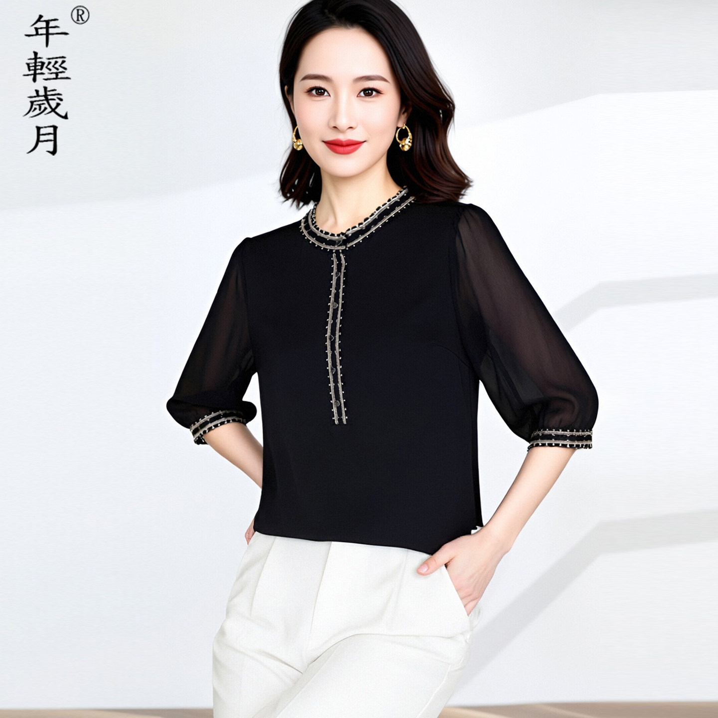 气质真丝衬衫女2026夏季新款中年妈妈刺绣五分袖桑蚕丝洋气上衣